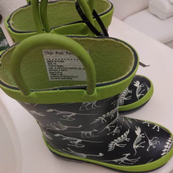Lily and Dan black and lime green dinosaur fossil rainboots KIDS size 7/8 - Picture 2 of 7